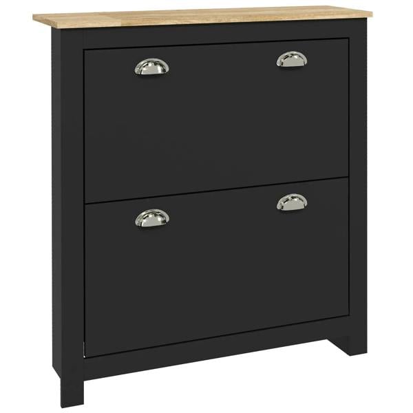 Black 2-drawer shoe cabinet with metallic curved pulls and flat front panels