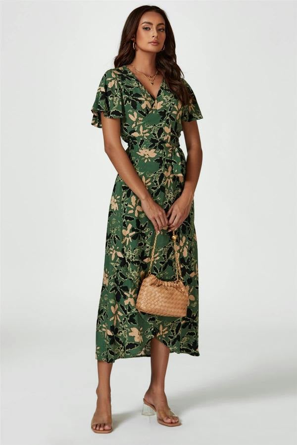 FS Collection Abstract Floral Wrap Maxi Dress In Olive