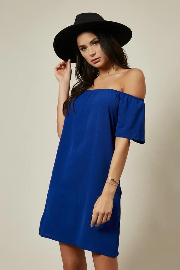 Hoxton Gal Relaxed Fit Off Shoulder Mini Dress in Blue