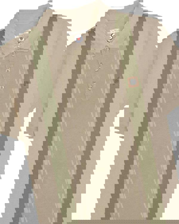 Lambretta Mens Vintage Classic Mod Ska Casual Smart Polo, beige polo shirt with green stripes and button-up collar.