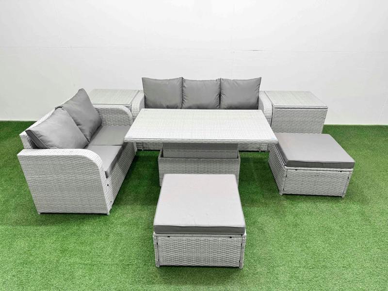 Fimous 7 Seater Wicker Lounge Set, Garden Furniture, Adj Height Table, 3 Seater Sofa, Love Sofa, 2 Big Footstools and 2 Side Tables, Light Grey