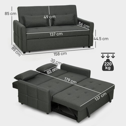Wyld Haus Lula Dark Grey Fabric Upholstered 3 Way Convertible 2 Seater Sofa Bed