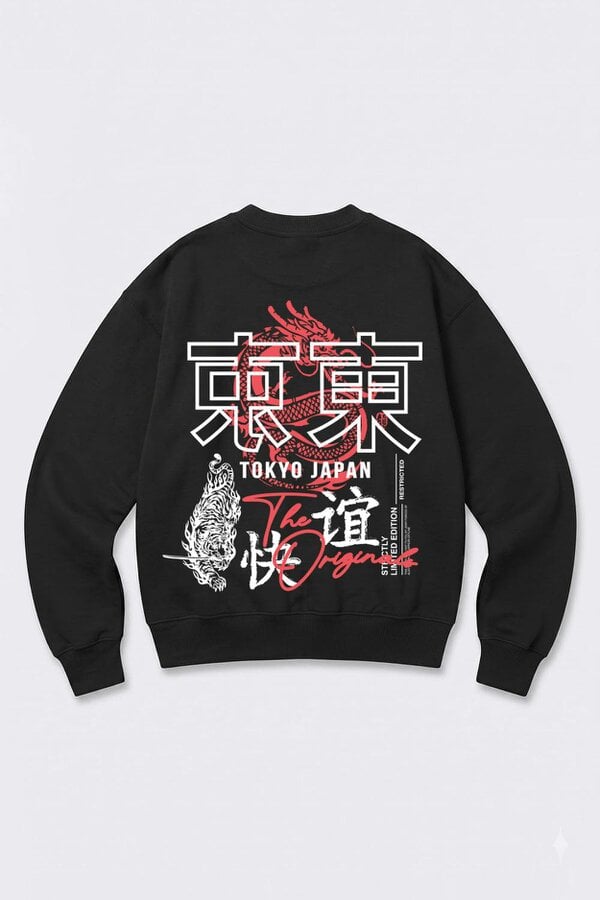 London Attitude Oversized Tokyo Dragon & Tiger Sweatshirt in Black