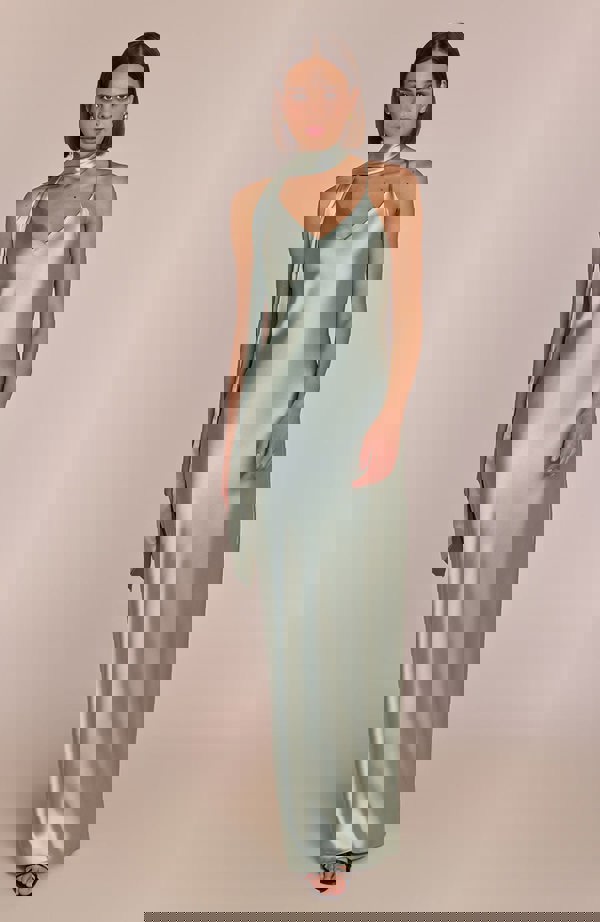 Rewritten London Brooklyn Dress in Sage Green Satin