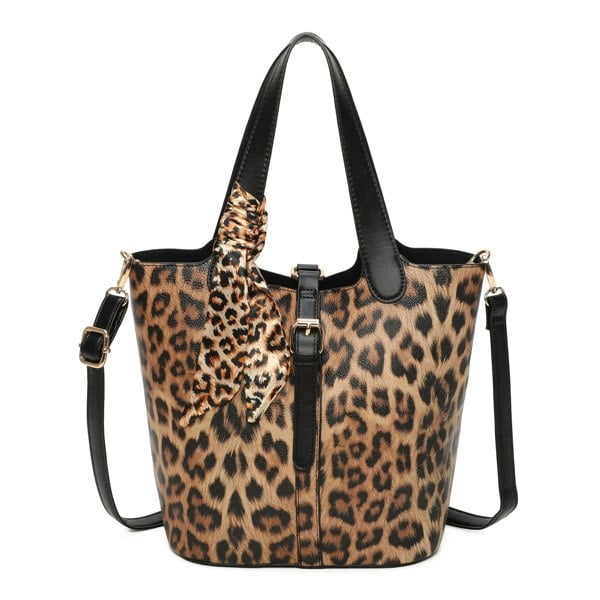 Kitise Leopard Print Bucket Tote Shoulder Bag Detachable Strap