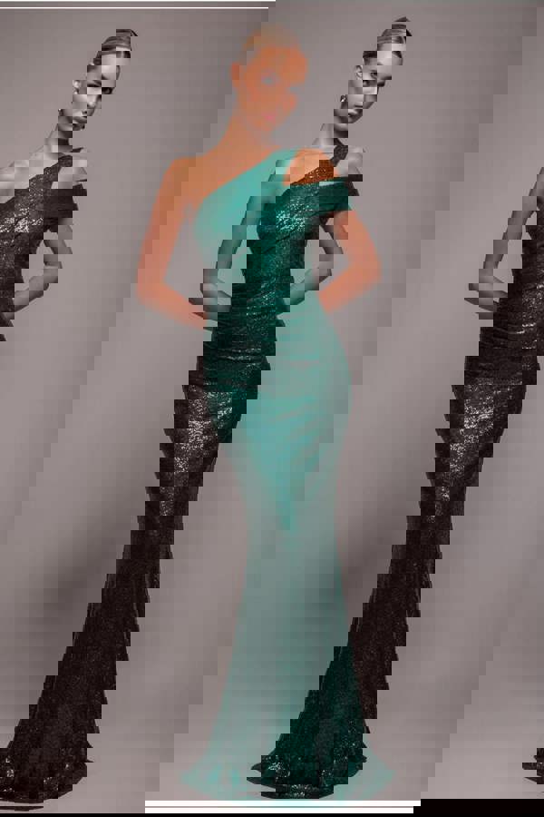 One Shoulder Sequin Evening Maxi - Emerald Green DR4069