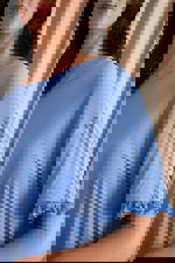 Pretty You London Women's Bamboo Frill Tee Trouser Set in Cornflower Blue