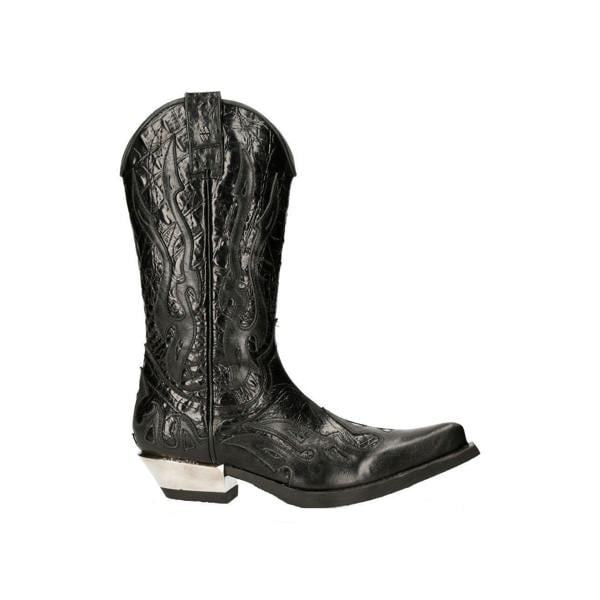 New Rock Flame Accented Black Leather Biker Cowboy Boots- M-7921-S1