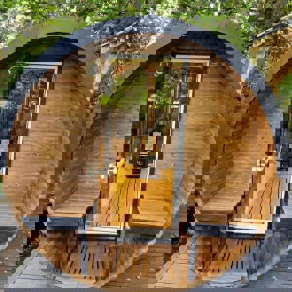400cm Spruce Barrel Sauna | Thermowood | Terrace | Wood-Fired or Electric.