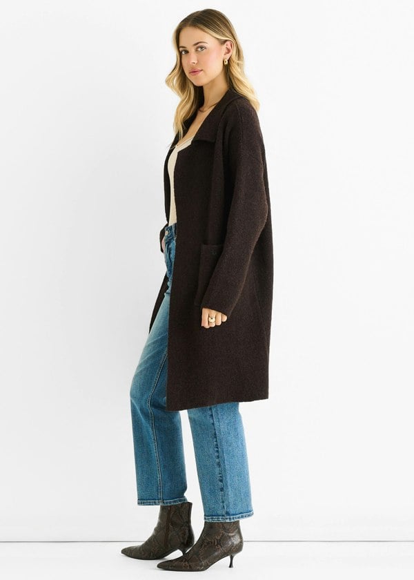 Gini London Chocolate Wool Mix Longline Edge to Edge Cardigan