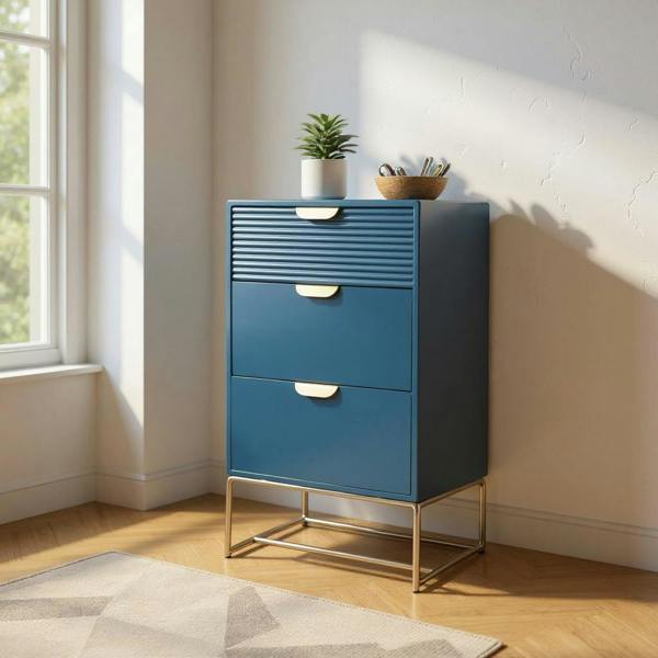 64CM BLUE WOODEN 3 DRAWER BEDSIDE TABLE