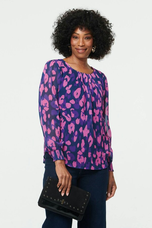 Izabel London Animal Print Long Sleeve Ruched Blouse - Purple