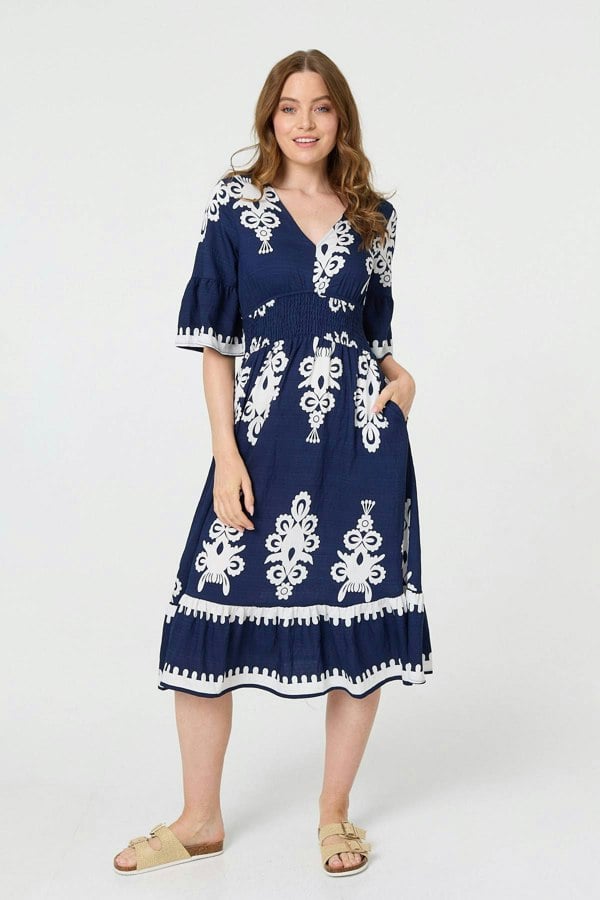 Navy | Ikat Print 1/2 Flared Sleeve Midi Dress