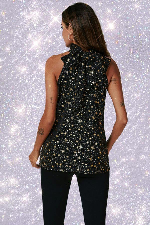 FS Collection Gold Foil Star Halter Neck Tie Back Top In Black
