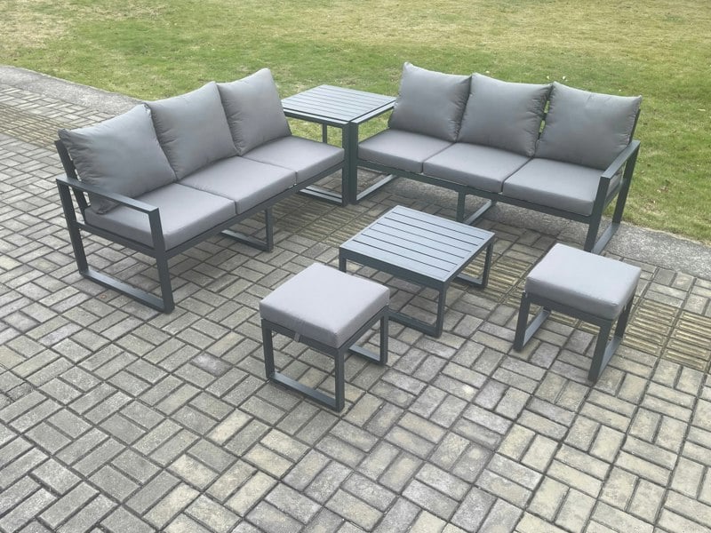 Fimous Aluminium 6 Pieces Garden Furniture Sofa Set with Cushions 8 Seater with Square Coffee Table 2 Small Footstools Side Table Dark Grey