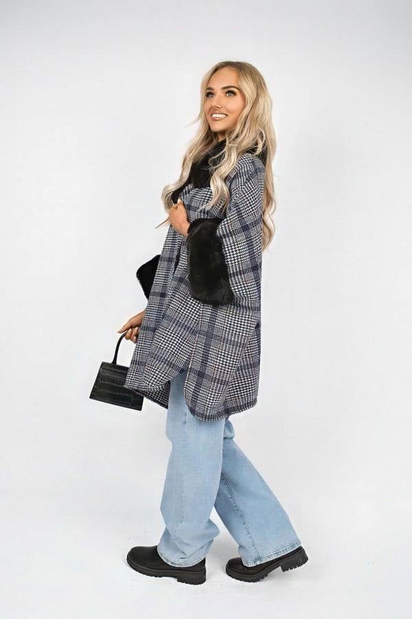 Nerina Check Oversized Jacket With Faux Fur Trim - Navy