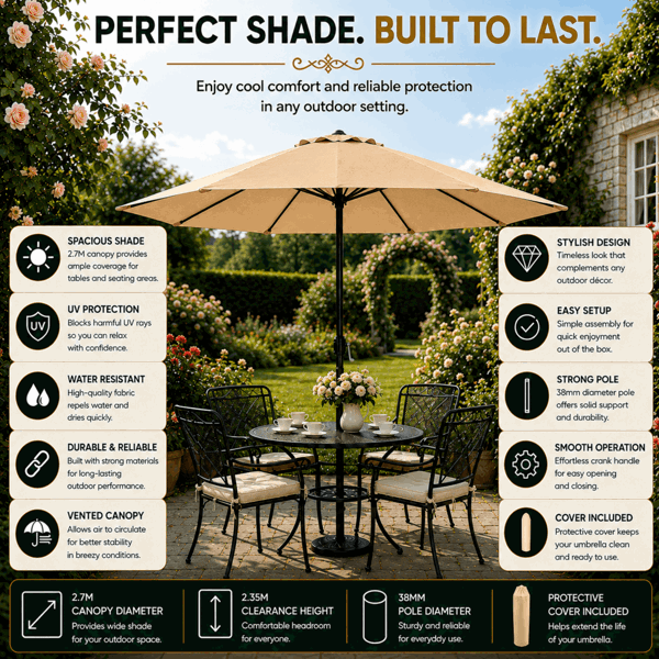 GlamHaus Garden Parasol Table Umbrella 2.7M with Crank Handle, UV40 Protection, Includes Protection Cover, Robust Steel - Sand