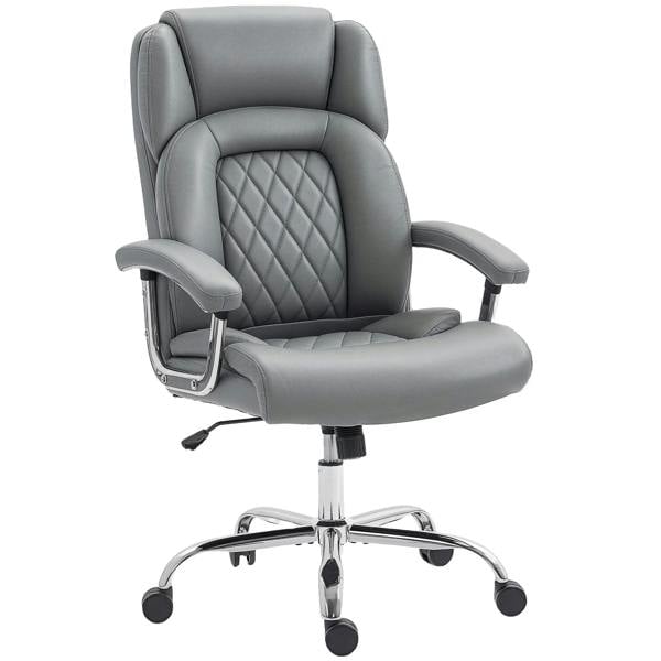 Grey padded office chair with quilted PU back, armrests, chrome base