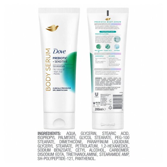 Dove Prebiotic Sensitive Body Serum 6 Pack, Pro Vitamin B5 & Peptides, 6x200ml