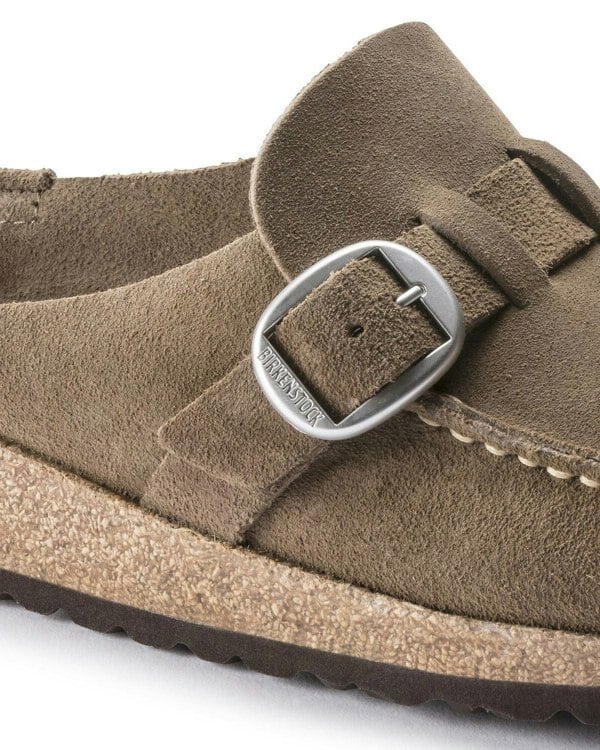 Birkenstock Buckley Suede Leather Womens Mule Moccasins - Grey Taupe - CHO - Designer Womens Shoes