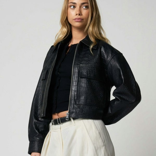 Barneys Originals Women's Croc Print Leather Jacket