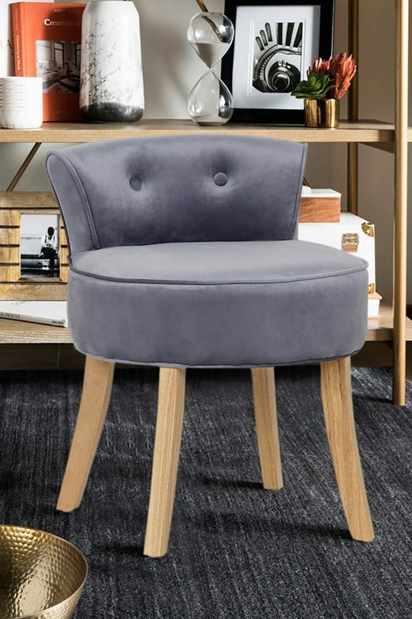 Living and Home Grey Velvet Low Backrest Dressing Stool with Log Color Legs