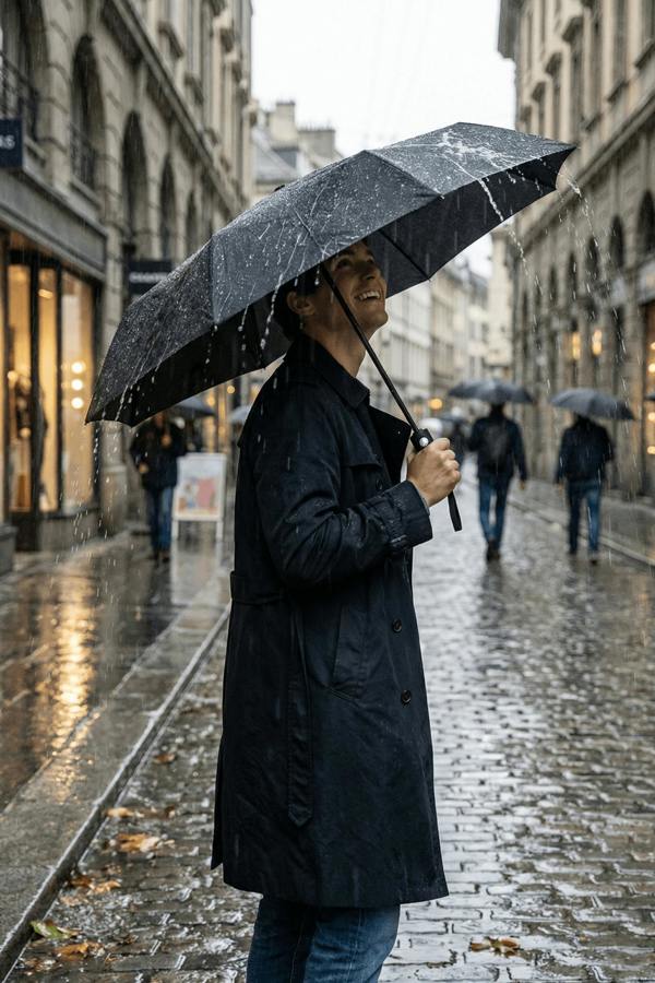 Man holding open black Optimum compact umbrella on wet cobbled city street in rain, lifestyle - Optimum