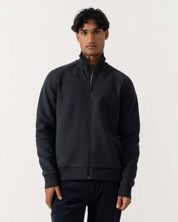 Front of BOSS Green Skaz Mens Full Zip Funnel Neck Sweatshirt with Tonal Logo - Dark Blue 402