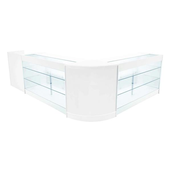 White Aries LED Shop Counter Set featuring sleek glass shelves, modern design, and a stylish curved shape for retail displays