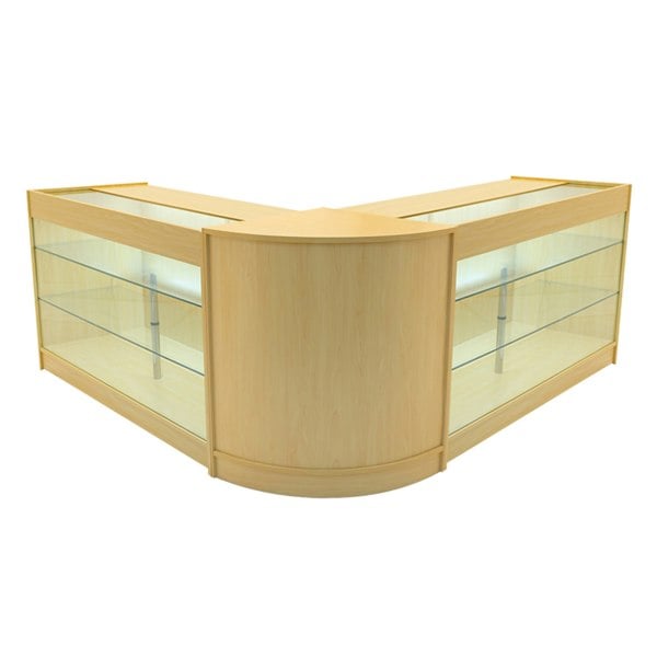 Maple Helios LED shop counter set with two K1500 display cases, featuring glass shelves and a sleek, modern design