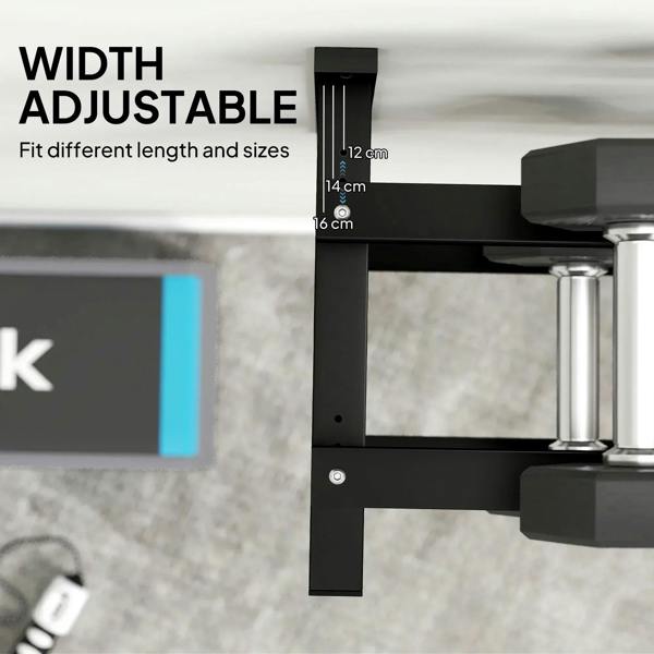 Wall-mounted dumbbell rack with width-adjustable bar supports for different sizes