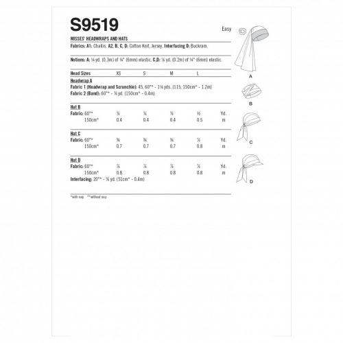 Simplicity Sewing Pattern 9519, Headwear for Women, A (XS-S-M-L) - Easy