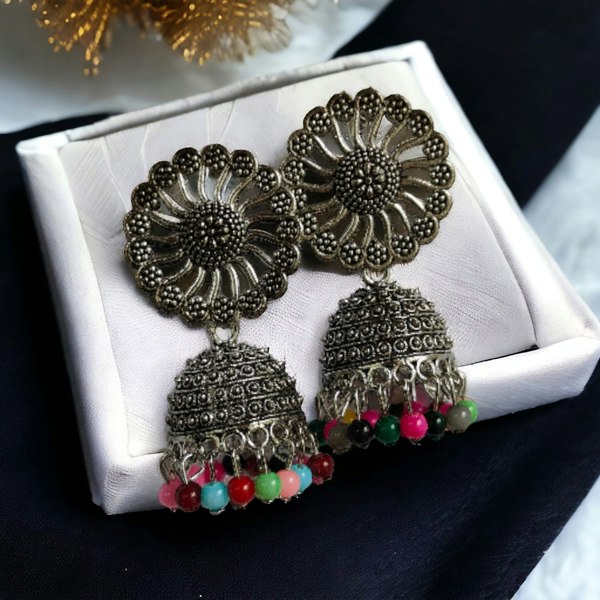 The Colourful Aura Small Bohemian Floral Indian Oxidised Boho Indian Asian Bridal Drop Jhumkis