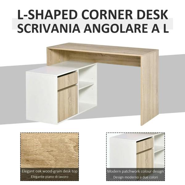 L-shaped corner desk in oak and white with drawer cabinet and open shelf bay