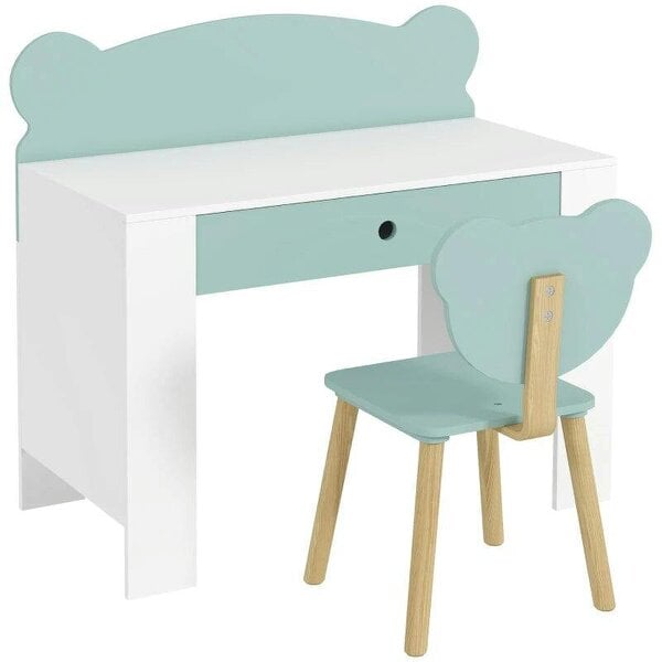 Kids Desk and Chair Set with Drawer for Drawing, Reading, Bear Theme Children Furniture for Bedroom, Daycare, Green