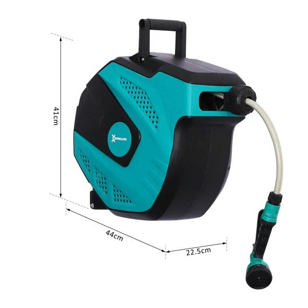Teal and black retractable garden hose reel with extending hose and nozzle