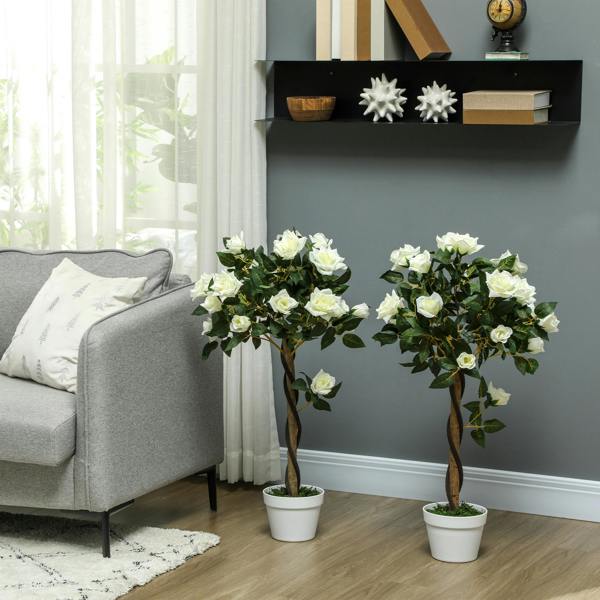 Outsunny Set of 1/2 90cm Artificial Rose Tree, Fake Decorative Plant - White
