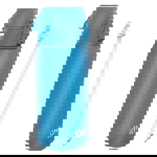 A blue water bottle sits beside its detached straw; the bottle is labeled "ION8".