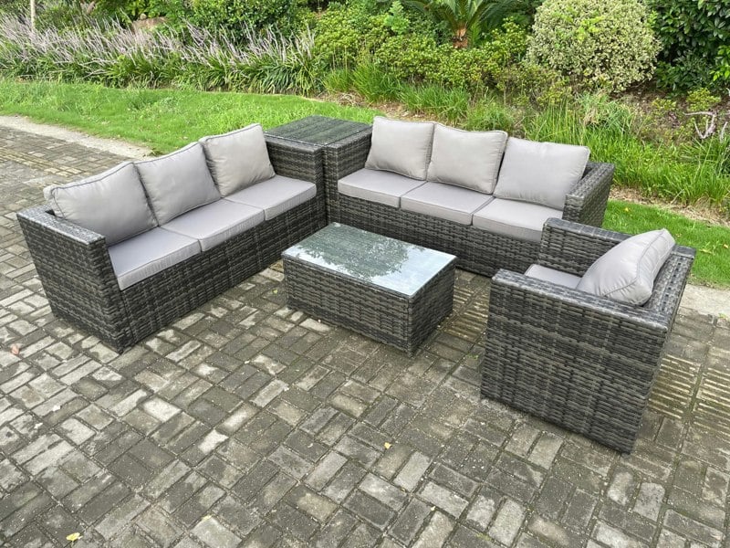 Fimous Wicker PE Rattan Sofa Set Outdoor Patio Garden Furniture with Armchair Side Table Oblong Coffee Table Dark Grey Mixed