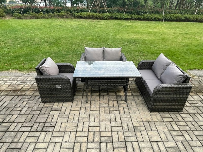 Fimous 5 Seater Lounge Rattan Sofa Set Outdoor Garden Furniture Oblong Rectangular Dining Table With Chairs Dark Grey Mixed