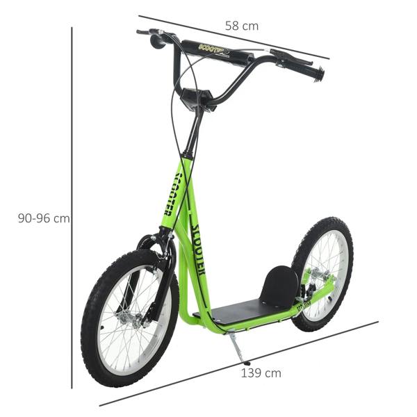 Green kids kick scooter with black handlebar, chunky tires, and kickstand
