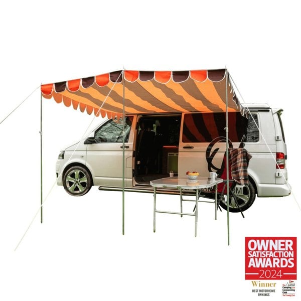 The OLPRO Retro Campervan Shade Canopy - Orange & Brown on a white background fitted to a VW T5 van.