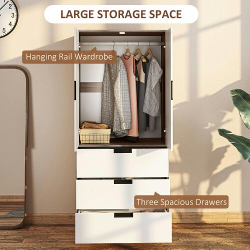 Wyld Haus Coracasa White And Brown 2 Door Wardrobe With Hanging Rail and 3 Drawer Storage Unit