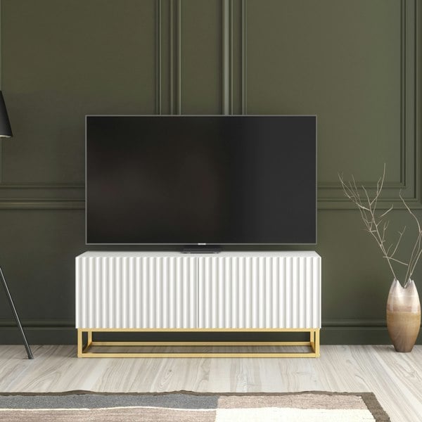 Mex Furniture White TV Unit with Gold Base 100cm – Fluted Fronts & Push-Down Doors