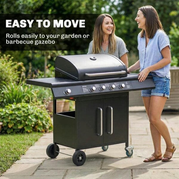 Bobobiy 4+1 Burner Gas BBQ Grill with Storage Cabinet, 15.2 kW Gas Barbecue Trolley with Side Table, 4 Wheels, Warming Rack
