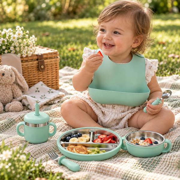 Maison des Cadeaux Baby Feeding & Weaning Set with Stainless Steel Plate, Bowl, Bib, Cup & Cutlery