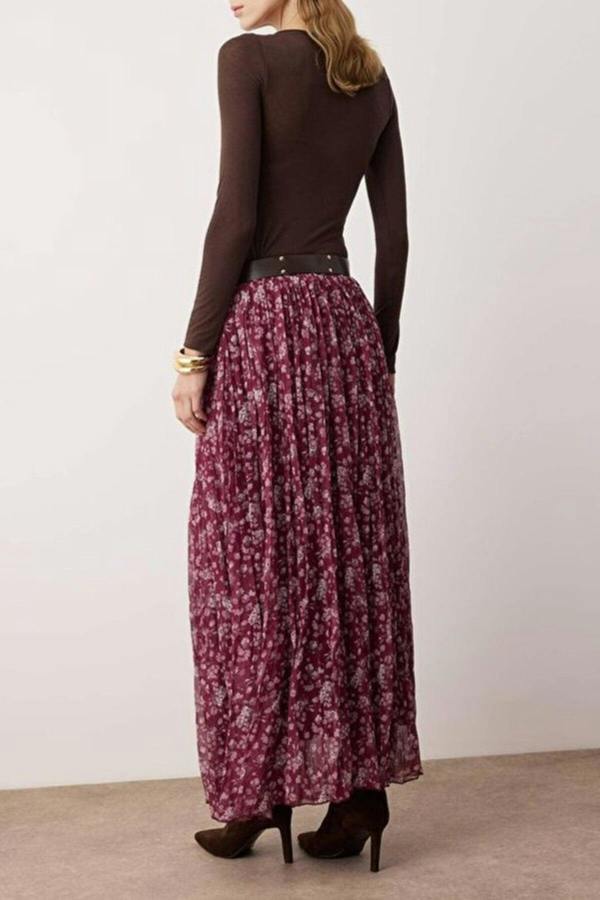 WOVCOR Belted Floral Chiffon Wrinkled Long Skirt
