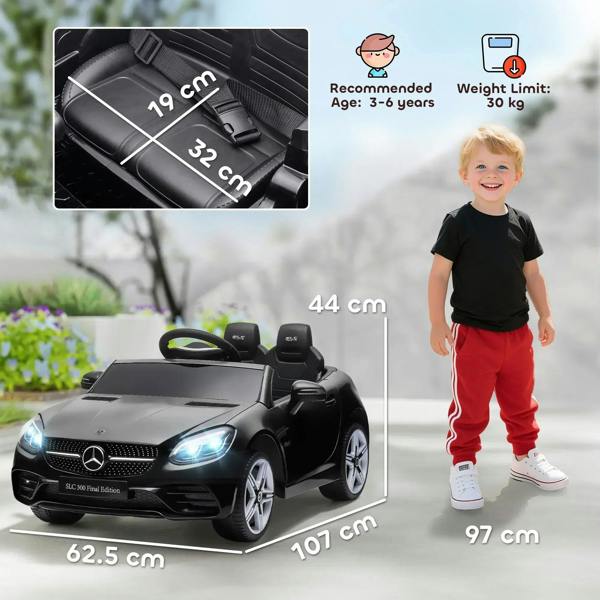 Black kids electric ride-on car with dimensions overview, two seats, and steering wheel