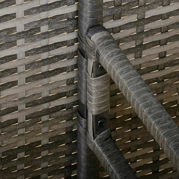 Grey rattan wicker armrest and side frame detail for outdoor sofa set