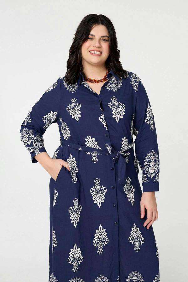 Navy | Curve Baroque Print Maxi Shirt Dress